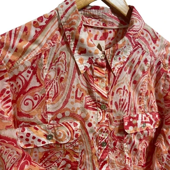 Chico's Coral Pink Paisley Button Up Shirt Resortwear Coastal Boho Size 2 Large - Picture 11 of 13